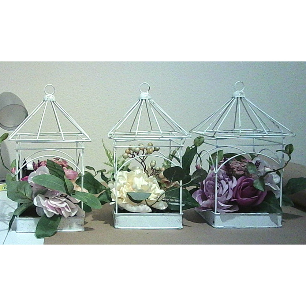 Shabby Chic White Metal Bird Cage Lot of 3 w/Purple Roses & One Beige Color